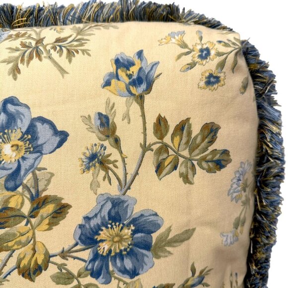 Floral Accent Pillow Yellow Blue Fringe Zippered Cover w/ Insert 19" - Picture 2 of 8